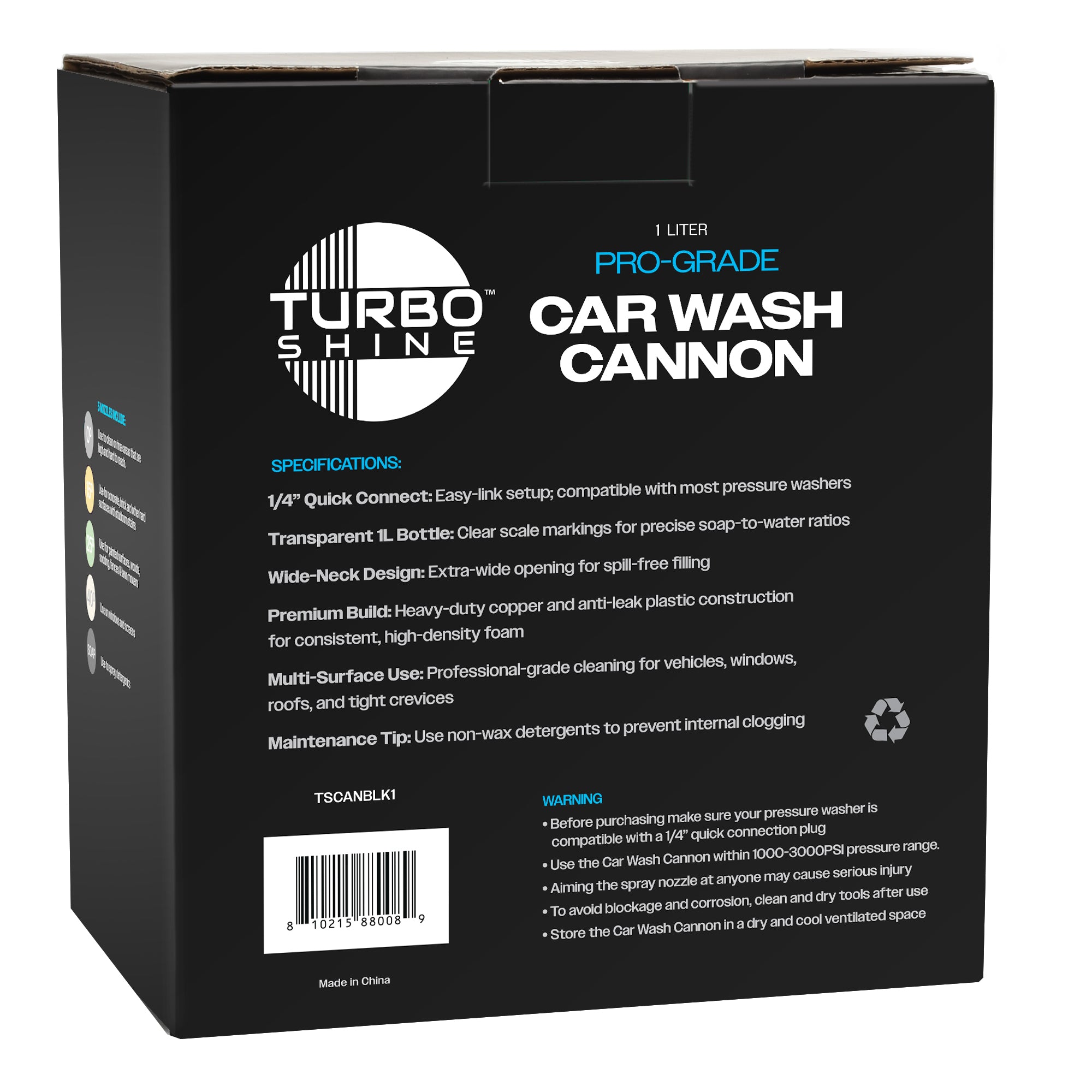 Turbo Shine Car Wash Foam Cannon - 1L Premium Clear Bottle